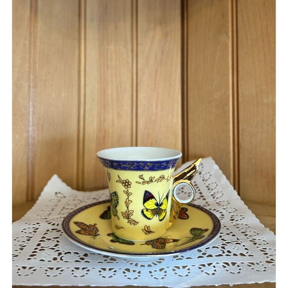 Vintage Fine Porcelain Espresso Yellow Butterfly Cup & Saucer Set Classic Coffee - Picture 4 of 8